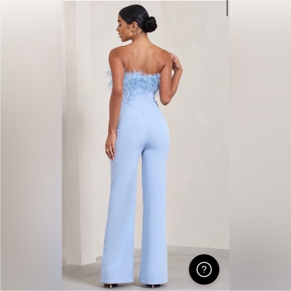 NWT Club L London - FIRST CLASS 
BLUE BANDEAU FEATHER WIDE LEG JUMPSUIT Sz 8 US - Picture 2 of 7